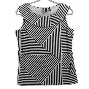 Rafaella Sleeveless Blouse L Black White Womens Foldover Neck Striped Staple Top